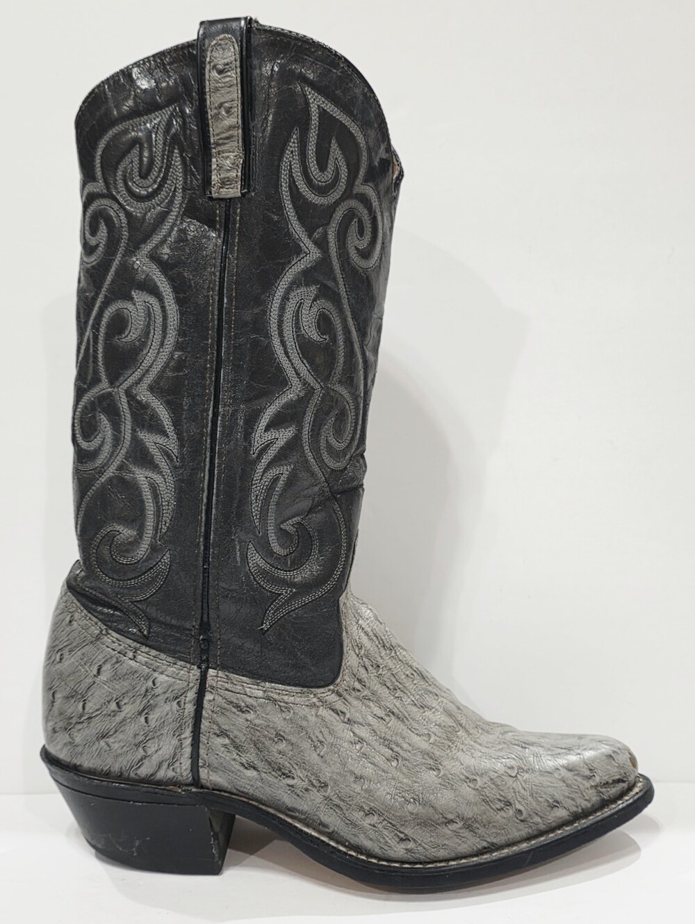 Texas OSTRICH Gray Two-Tone Leather Boot Western Cowboy Embroider Men 8.5 D Used